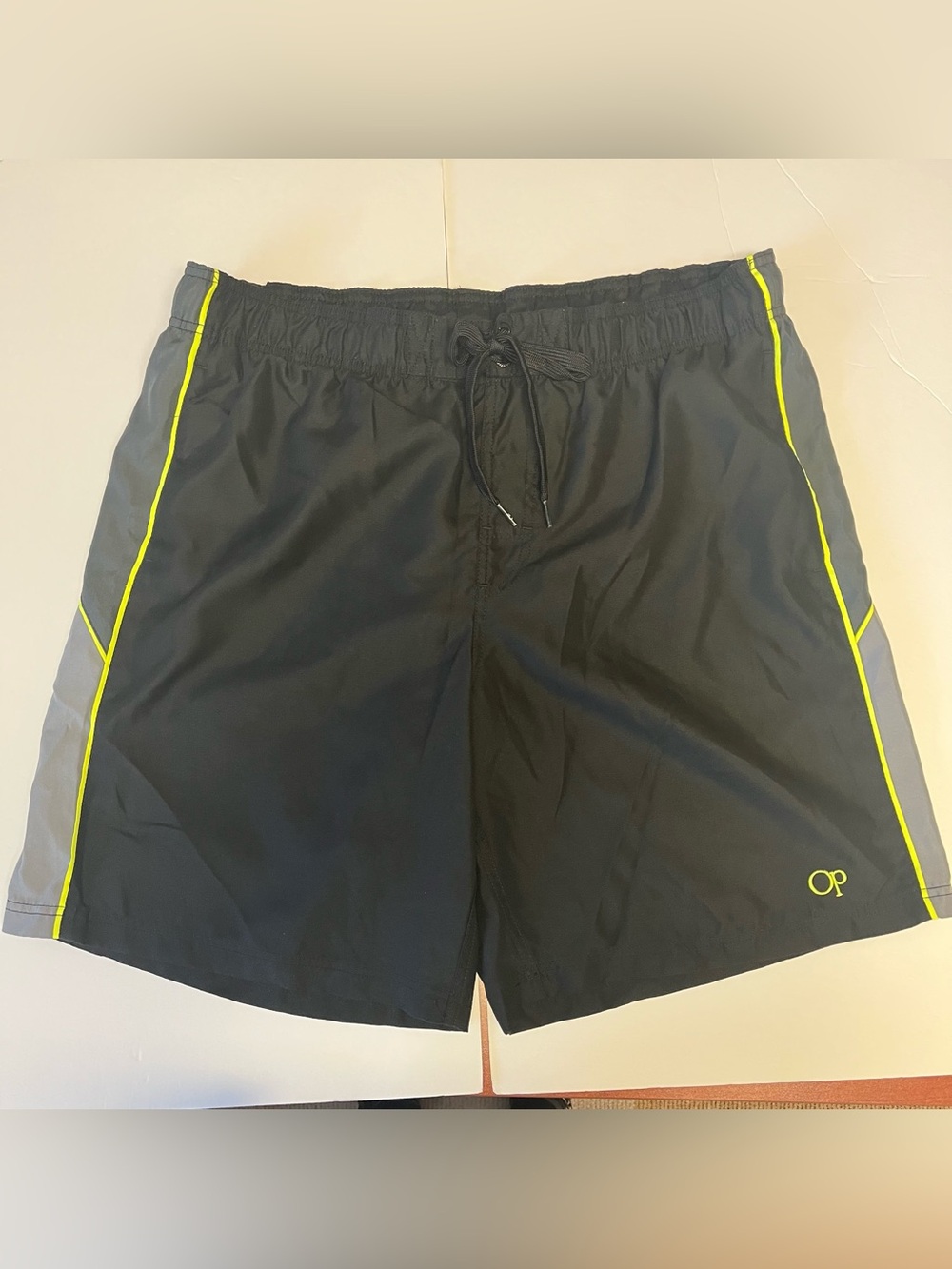 OP Black Swim Surf Shorts Neon Yellow Piping & Gray Panels Men’s  L (36-38)